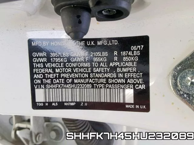 SHHFK7H45HU232089 фото 2