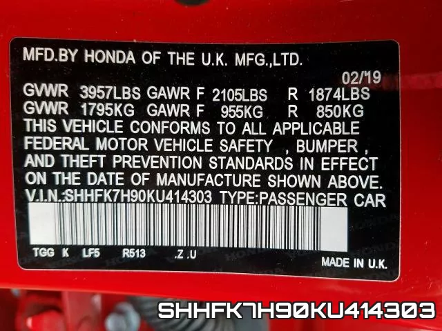 SHHFK7H90KU414303 фото 2