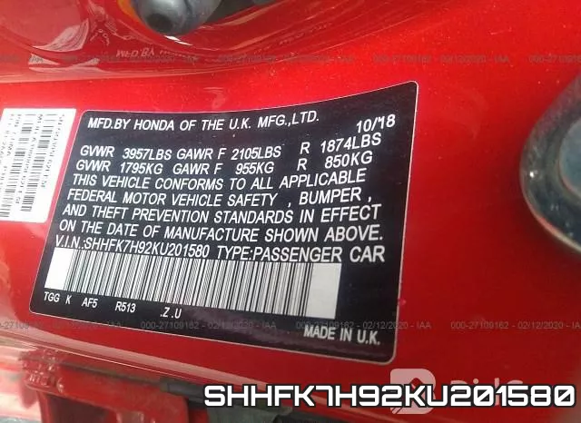 SHHFK7H92KU201580 фото 10