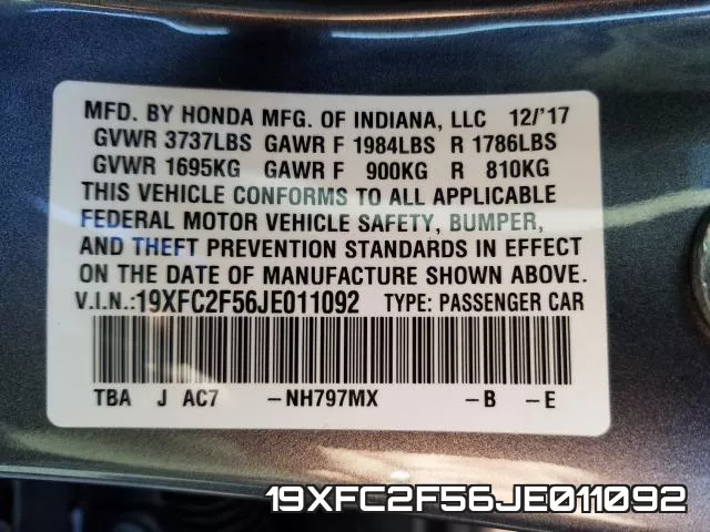19XFC2F56JE011092 фото 2