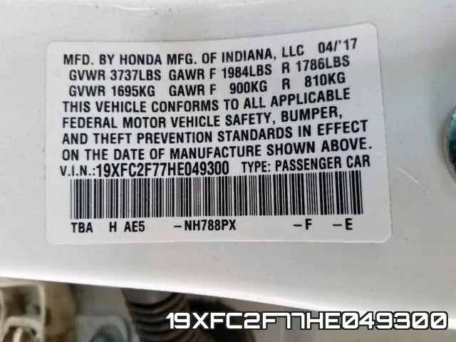 19XFC2F77HE049300 фото 2
