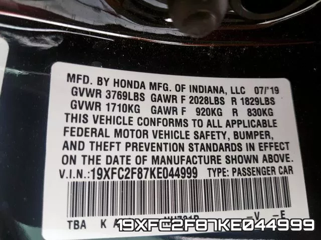 19XFC2F87KE044999 фото 2