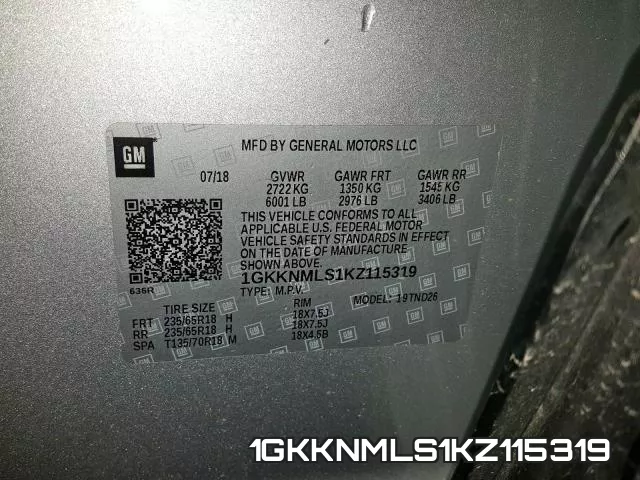 1GKKNMLS1KZ115319 фото 2