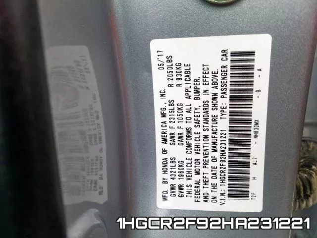 1HGCR2F92HA231221 фото 2