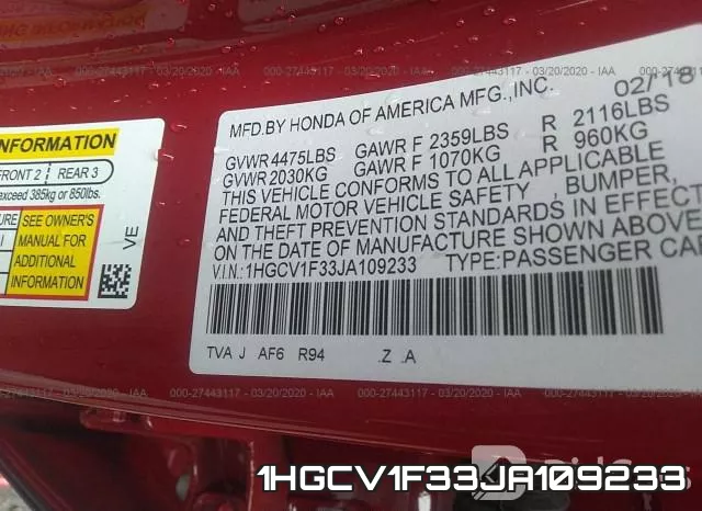 1HGCV1F33JA109233 фото 10