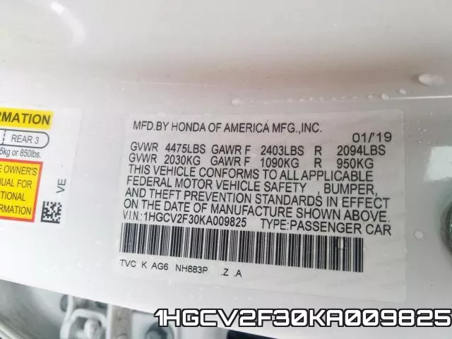 1HGCV2F30KA009825 фото 2