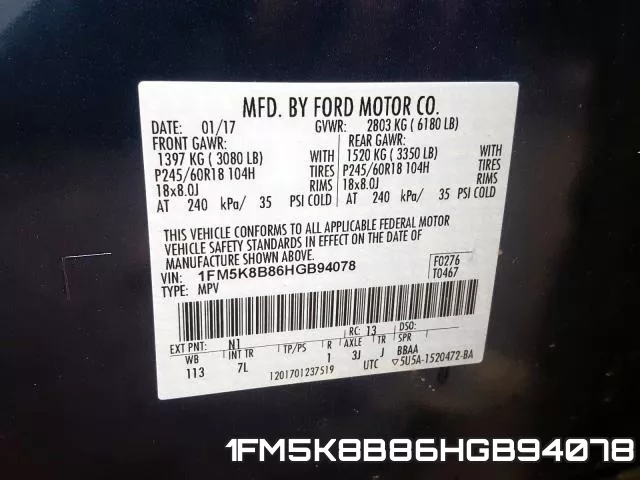 1FM5K8B86HGB94078 фото 2