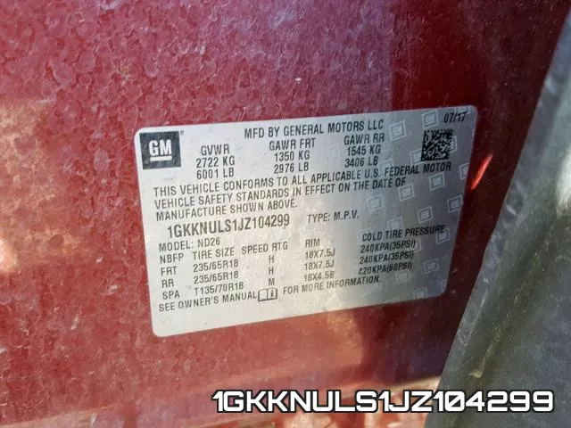 1GKKNULS1JZ104299 фото 2
