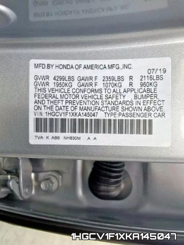 1HGCV1F1XKA145047 фото 2