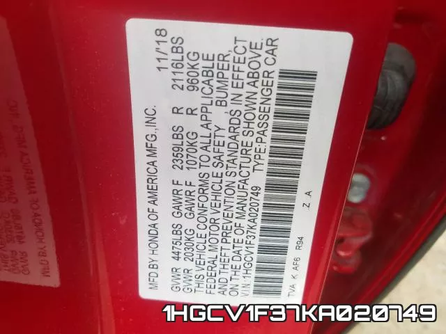 1HGCV1F37KA020749 фото 2