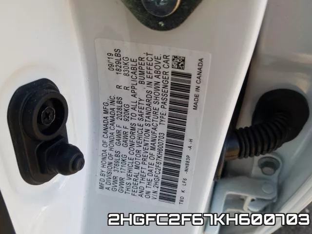2HGFC2F67KH600703 фото 2