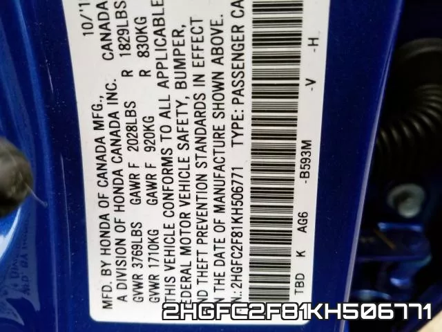 2HGFC2F81KH506771 фото 2
