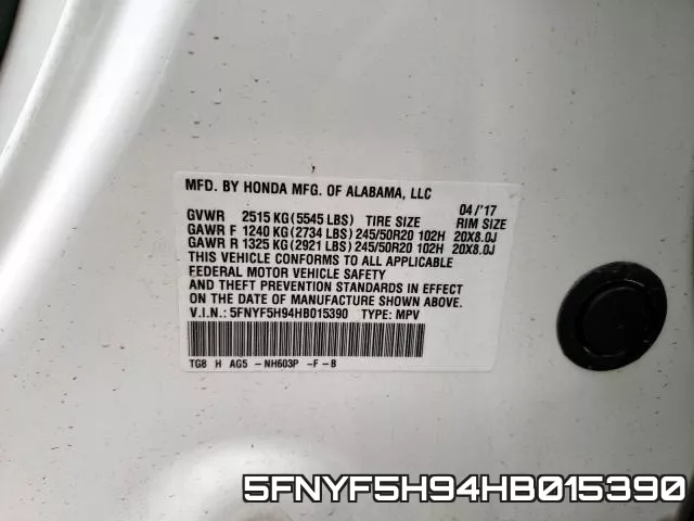 5FNYF5H94HB015390 фото 2