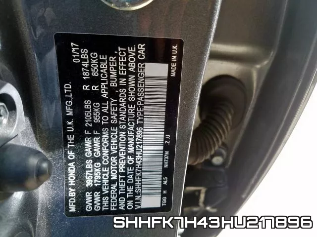 SHHFK7H43HU217896 фото 2