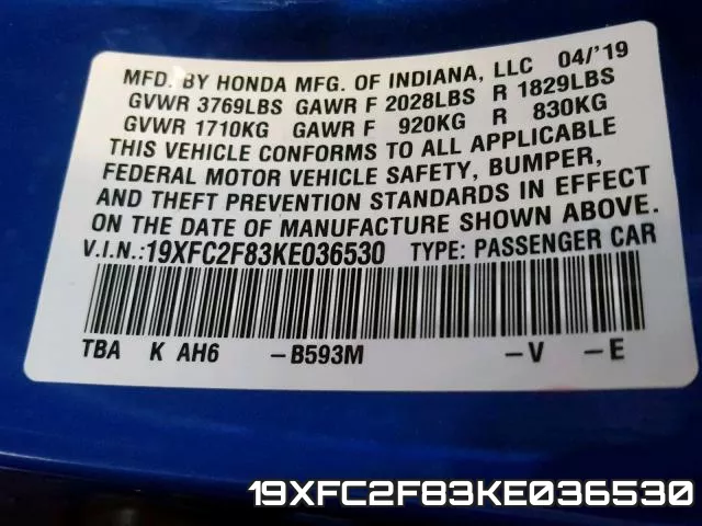 19XFC2F83KE036530 фото 2