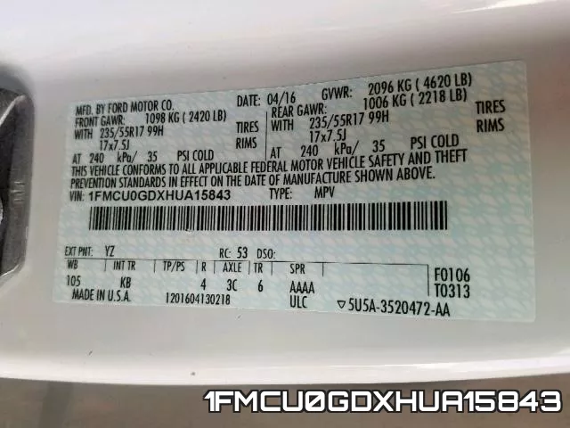 1FMCU0GDXHUA15843 фото 2