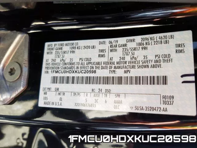 1FMCU0HDXKUC20598 фото 2