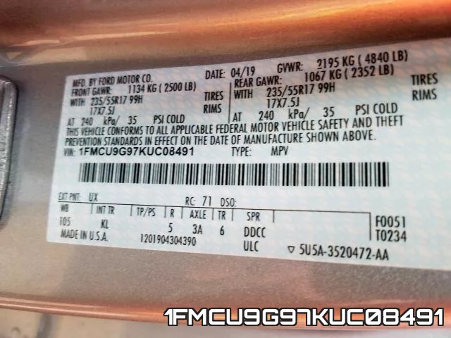 1FMCU9G97KUC08491 фото 2