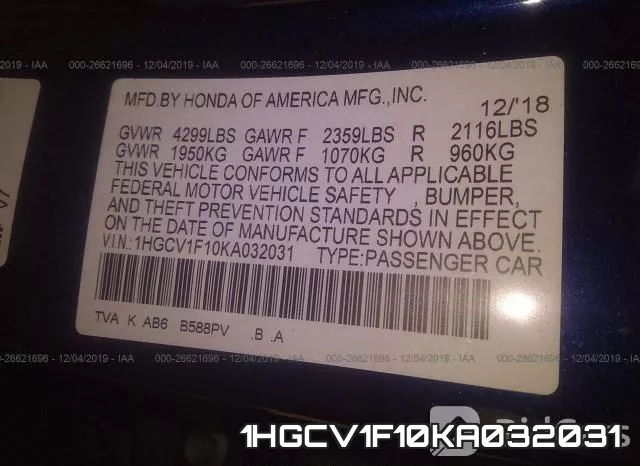 1HGCV1F10KA032031 фото 10