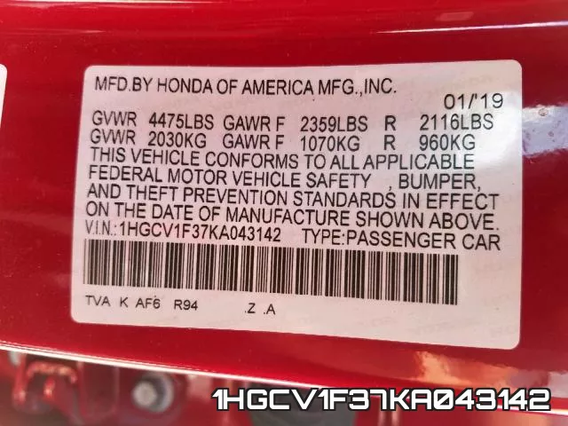 1HGCV1F37KA043142 фото 2