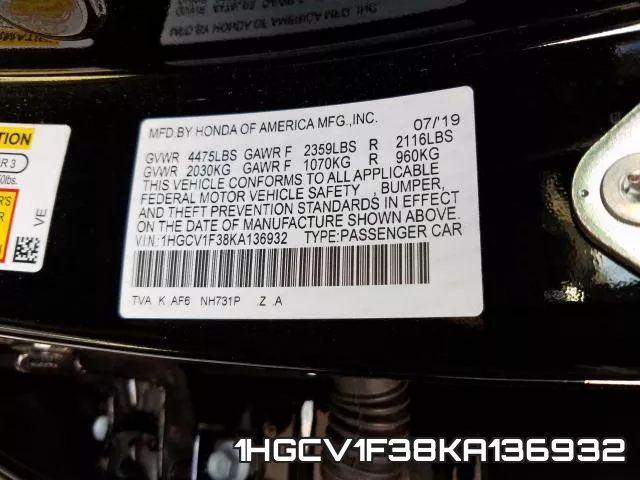 1HGCV1F38KA136932 фото 2
