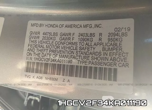 1HGCV2F34KA011190 фото 10