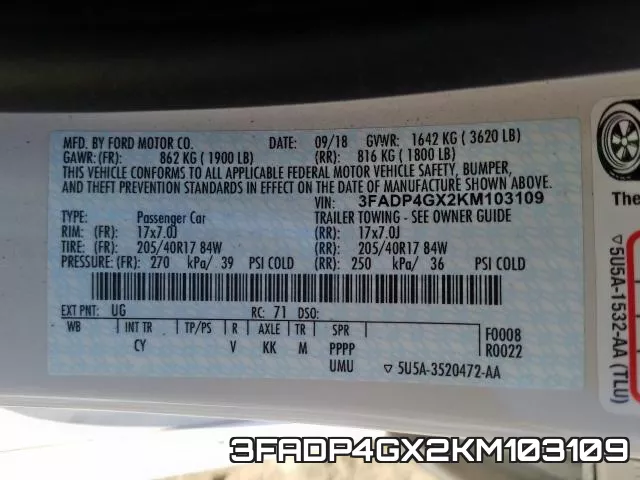 3FADP4GX2KM103109 фото 2