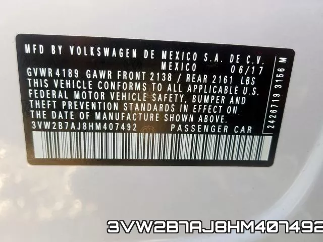 3VW2B7AJ8HM407492 фото 2