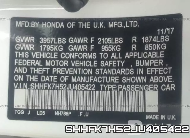 SHHFK7H52JU405422 фото 10