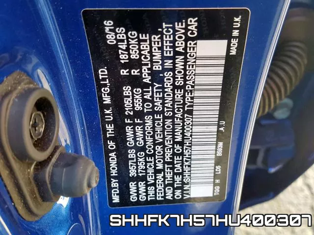 SHHFK7H57HU400307 фото 2