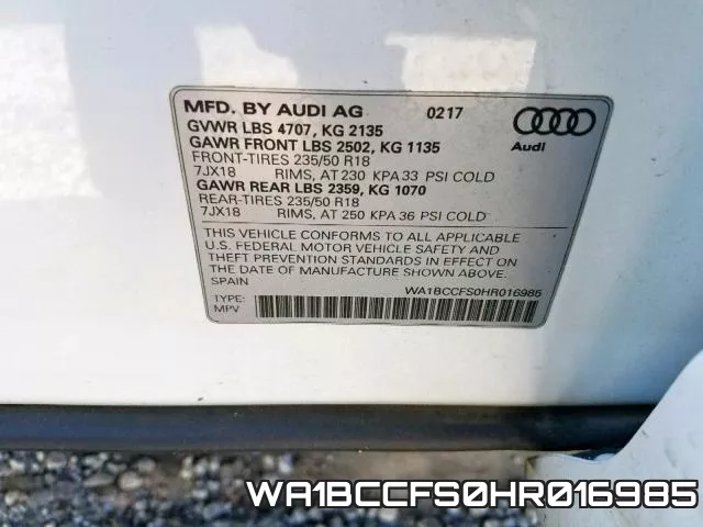WA1BCCFS0HR016985 фото 2