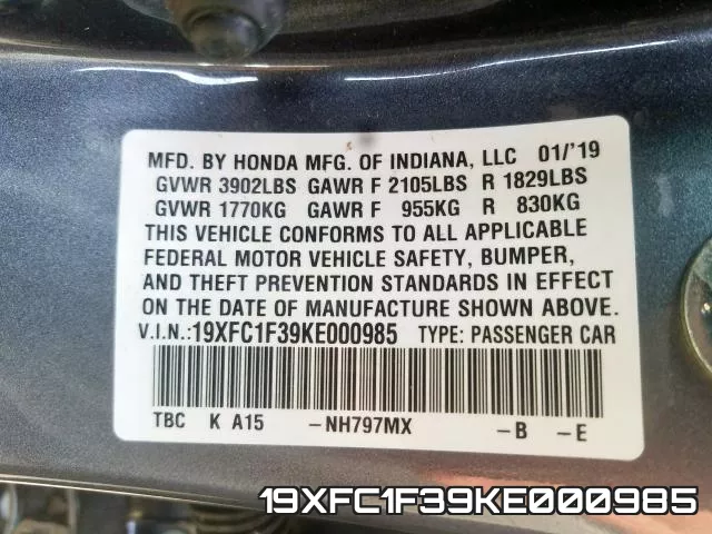 19XFC1F39KE000985 фото 2