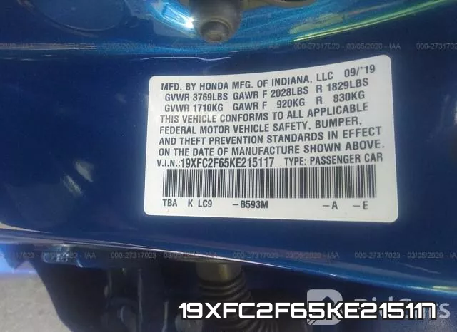19XFC2F65KE215117 фото 10