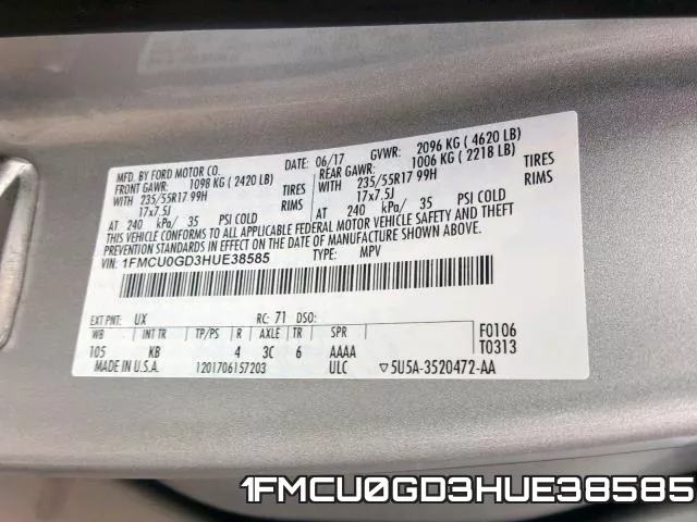1FMCU0GD3HUE38585 фото 2