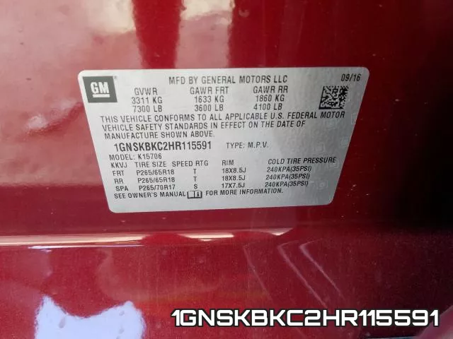 1GNSKBKC2HR115591 фото 2