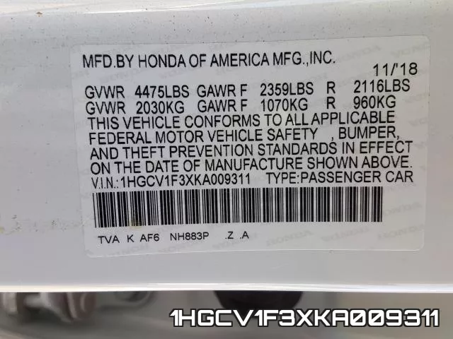 1HGCV1F3XKA009311 фото 2