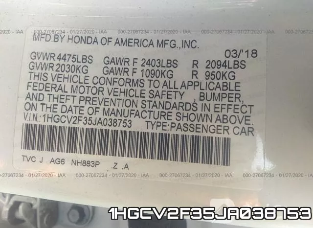 1HGCV2F35JA038753 фото 10