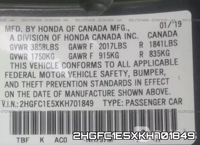 2HGFC1E5XKH701849 фото 10