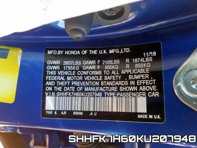 SHHFK7H60KU207948 фото 2