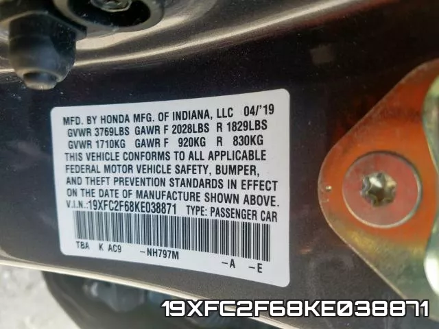 19XFC2F68KE038871 фото 2