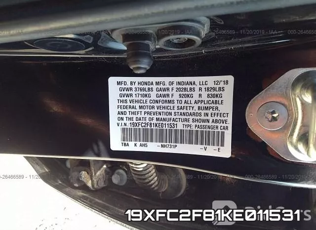 19XFC2F81KE011531 фото 10