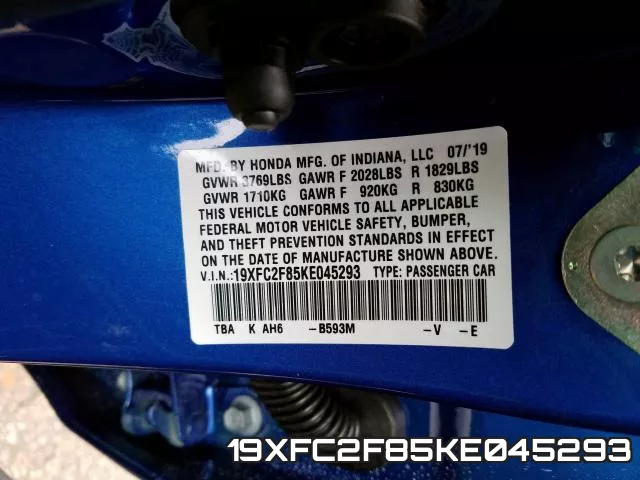 19XFC2F85KE045293 фото 2