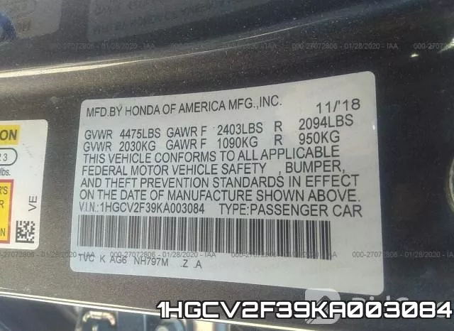 1HGCV2F39KA003084 фото 10