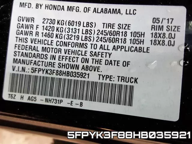 5FPYK3F88HB035921 фото 2