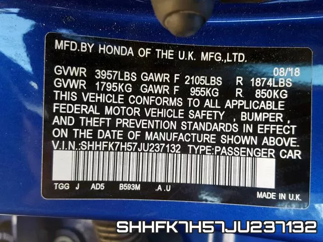 SHHFK7H57JU237132 фото 2