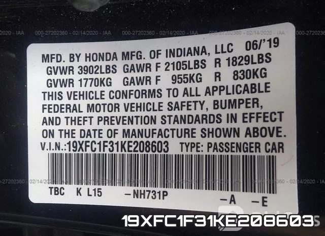 19XFC1F31KE208603 фото 10