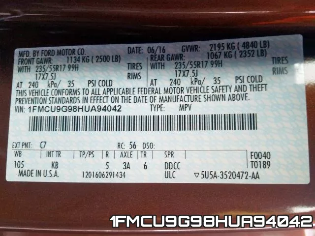 1FMCU9G98HUA94042 фото 2