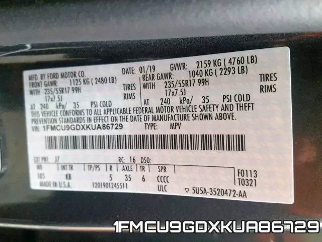 1FMCU9GDXKUA86729 фото 2