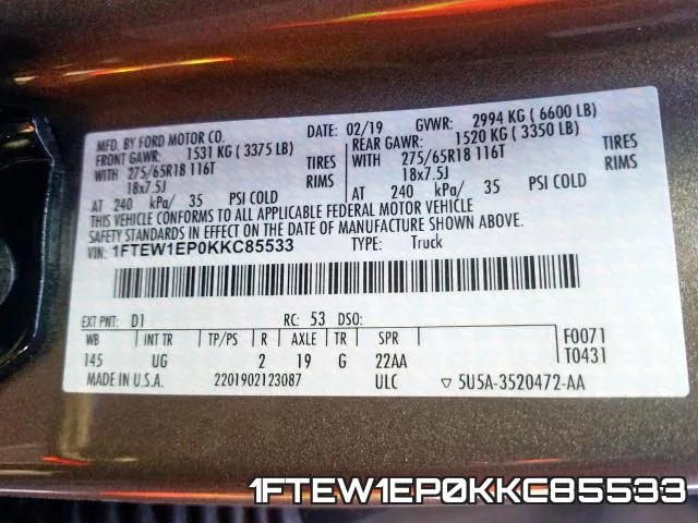 1FTEW1EP0KKC85533 фото 2