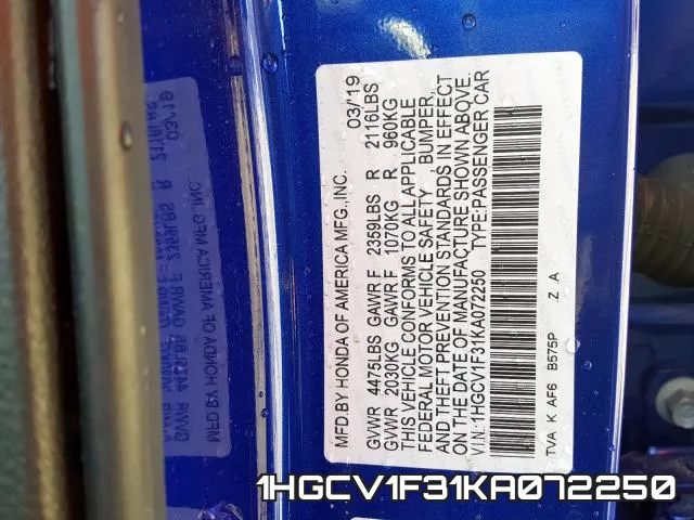 1HGCV1F31KA072250 фото 2